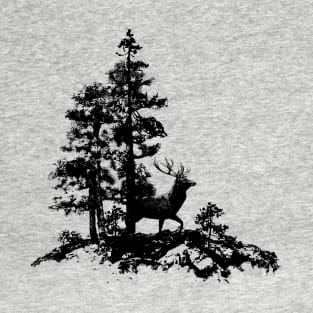 Silhouette Stag Deer  in Forest T-Shirt